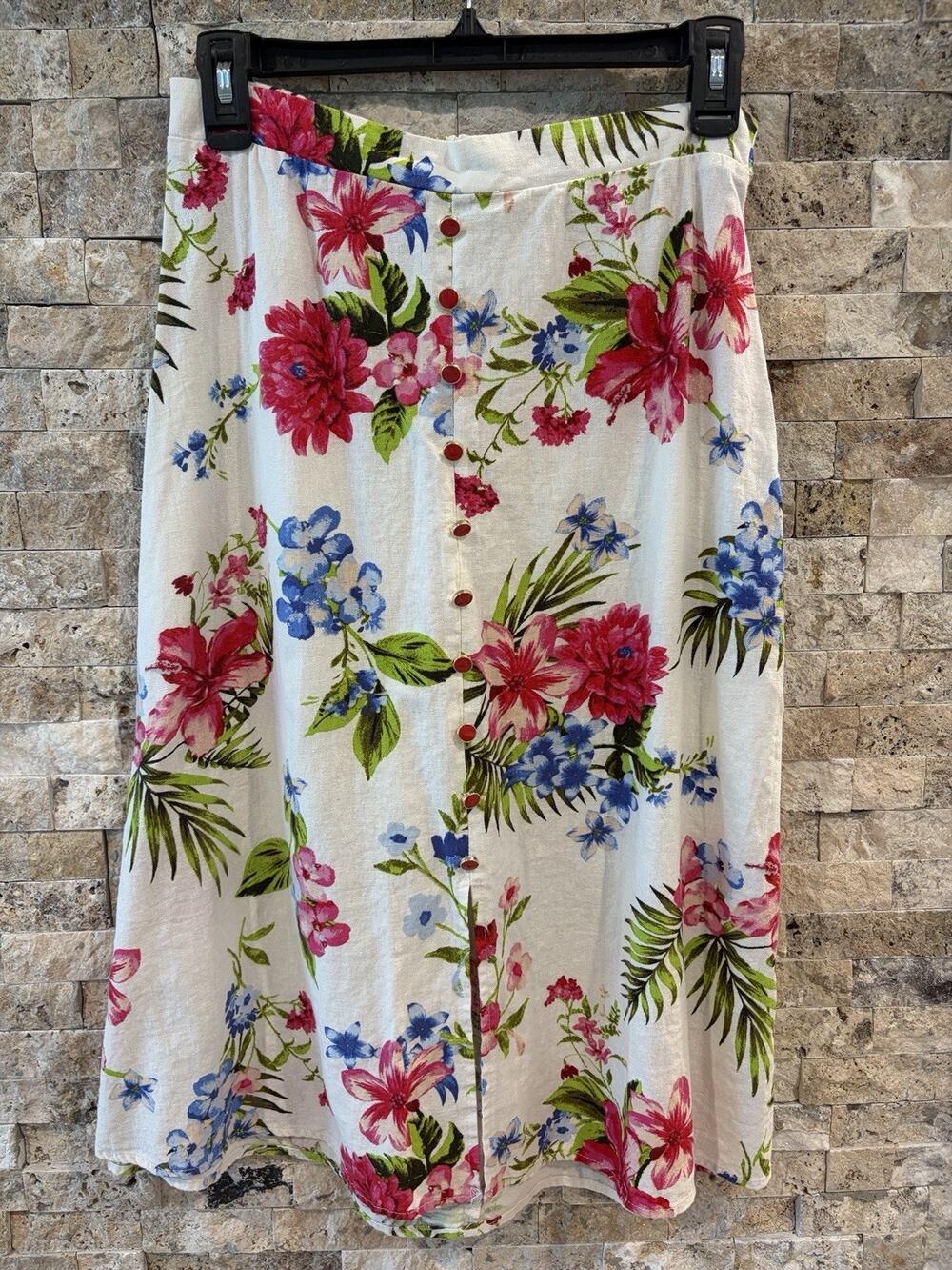 NYCC Womens S Floral Linen Blend Skirt Midi Button Front Tie Waist Tropical